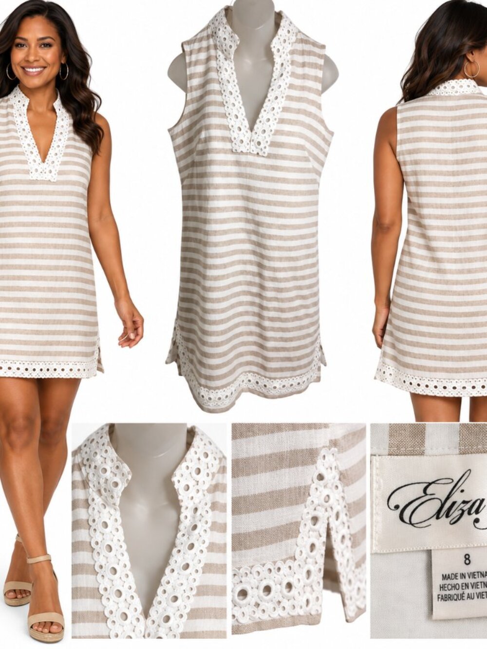 Eliza J Striped Eyelet Trim Mini Shift Dress Beige White Coastal Preppy Sz 8